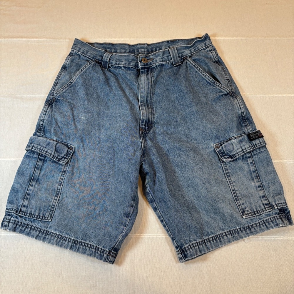Wrangler Hero Mens Denim Cargo Shorts Blue Medium Wash Size 34